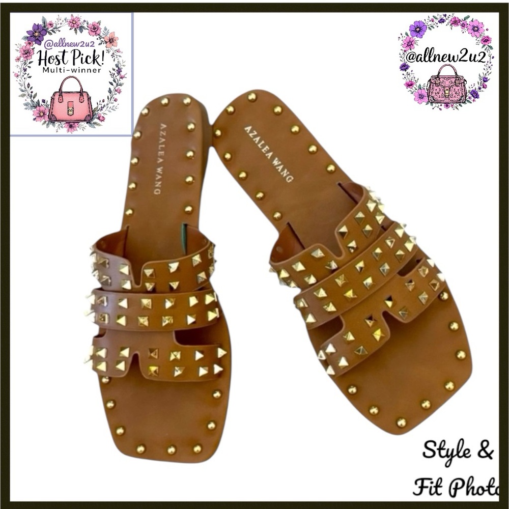 Azalea Wang Archer Gold Studded Sandals in Tan Size 7 - Picture 1 of 17